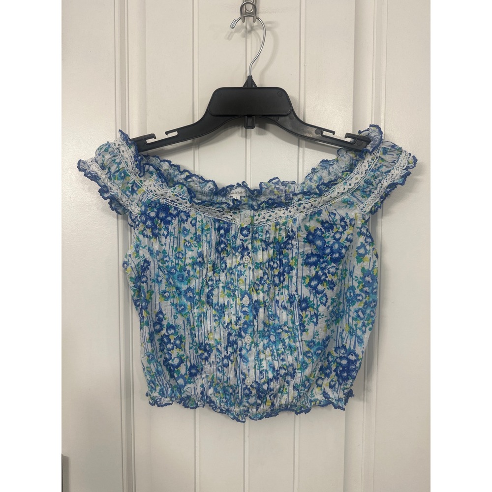 Poupette St Barth Blue Floral Off Shoulder Crop Top Button Front Lace Trim Small - Picture 2 of 8